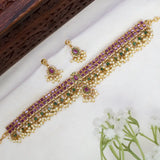 Gold-Plated Ruby Emerald Stone Pearl Choker Necklace Set