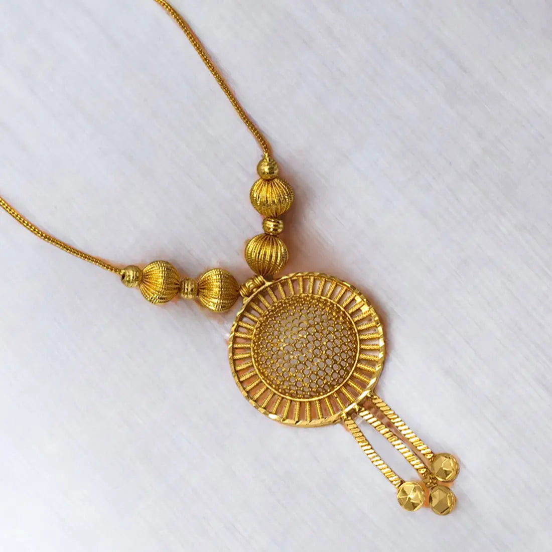 Beautiful Gold Plated Chain With Big Round Floral Pendant for women, featuring gold mesh and elegant design.