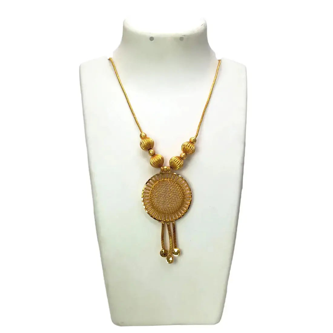 Beautiful Gold Plated Chain With Big Round Floral Pendant displayed on a necklace stand.
