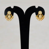 Dual Floral Design Gold Plated CZ Stone Stud Earrings displayed on earring stand with sparkling details.