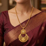 Big Gold Plated Floral Dual Chandbali Stone Pendant