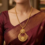Big Gold Plated Floral Dual Chandbali Stone Pendant
