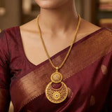 Big Gold Plated Floral Dual Chandbali Stone Pendant