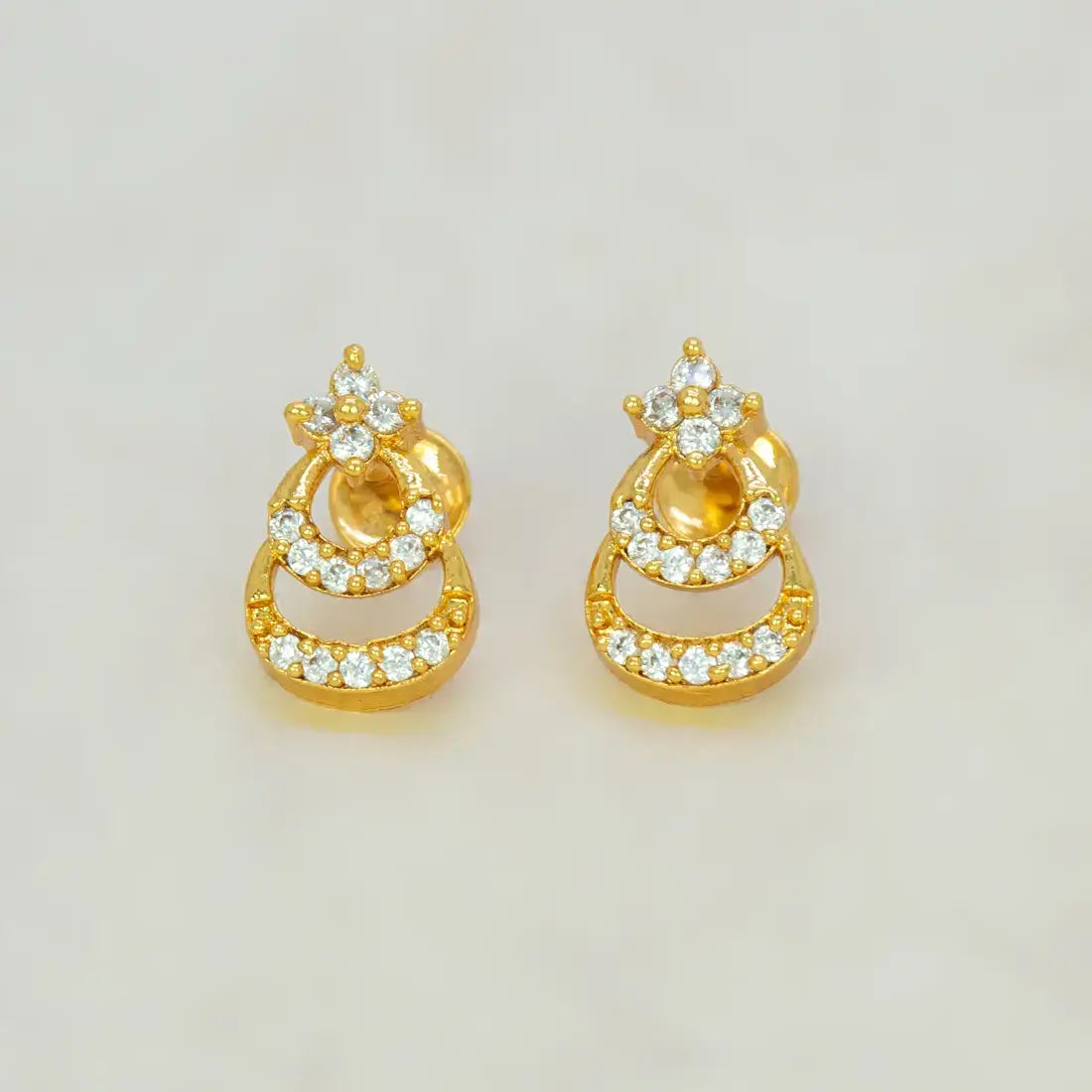 Gold Plated Floral Twin Crescent Stone Stud Earrings - CZ