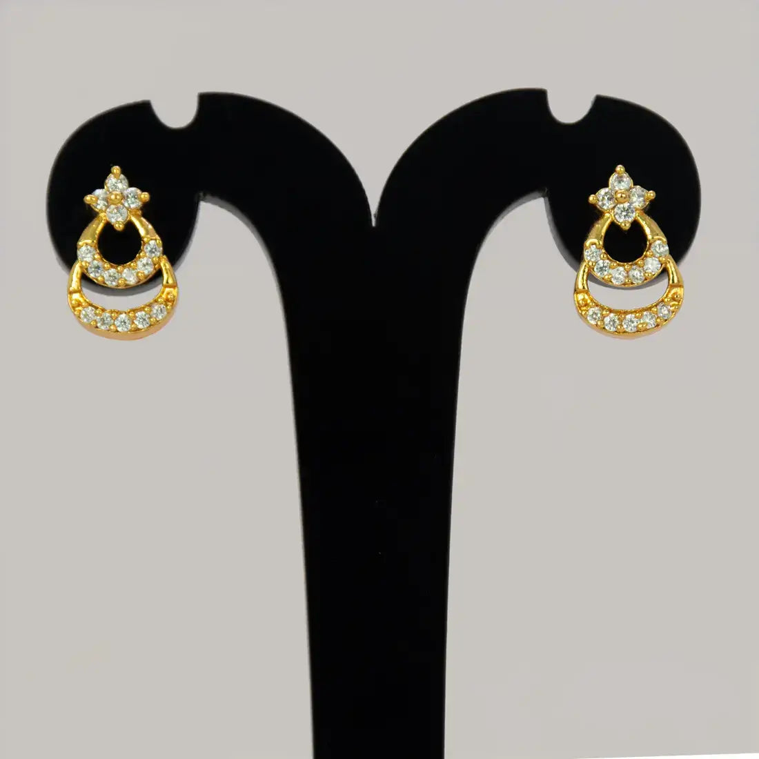 Gold Plated Floral Twin Crescent Stone Stud Earrings - CZ