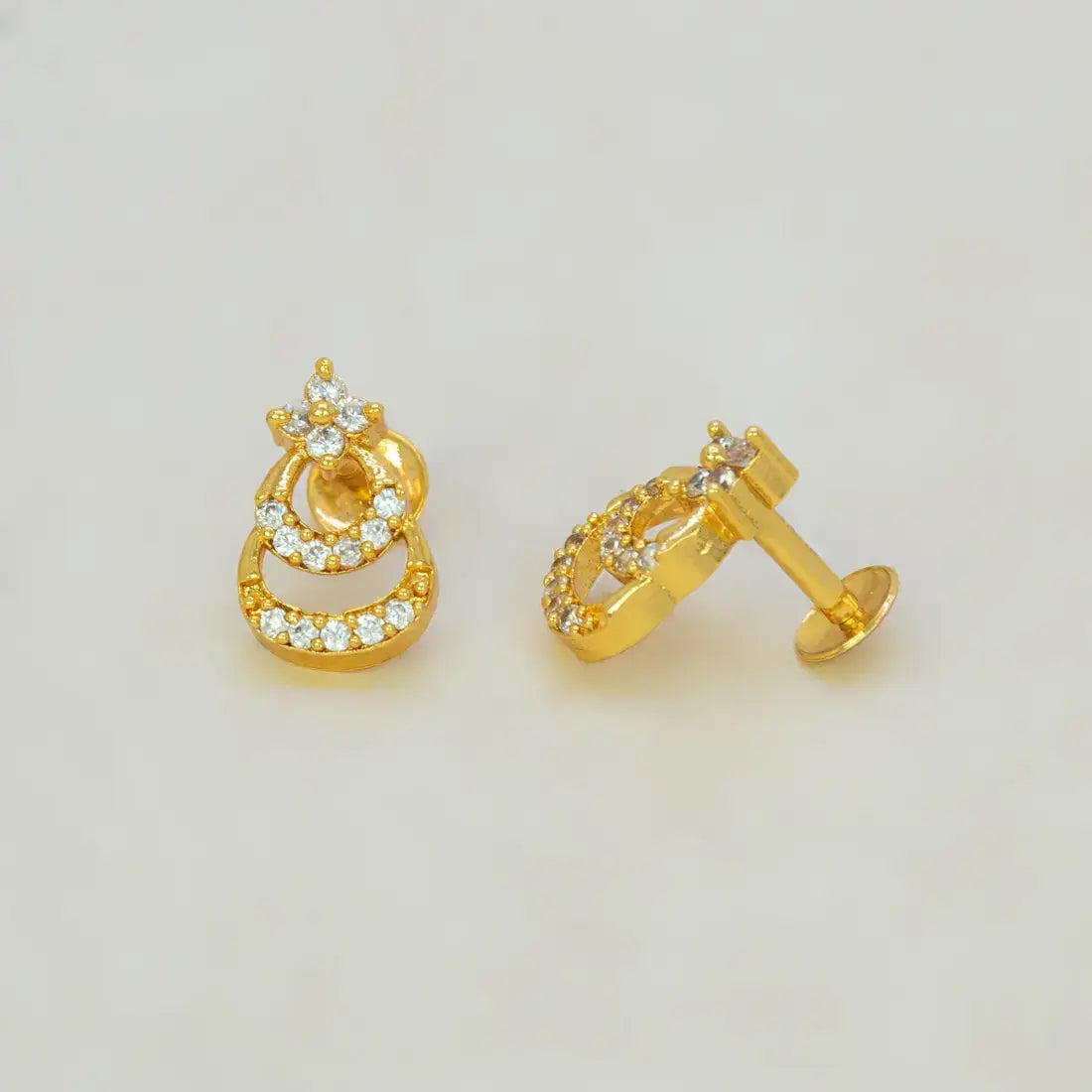 Gold Plated Floral Twin Crescent Stone Stud Earrings - CZ