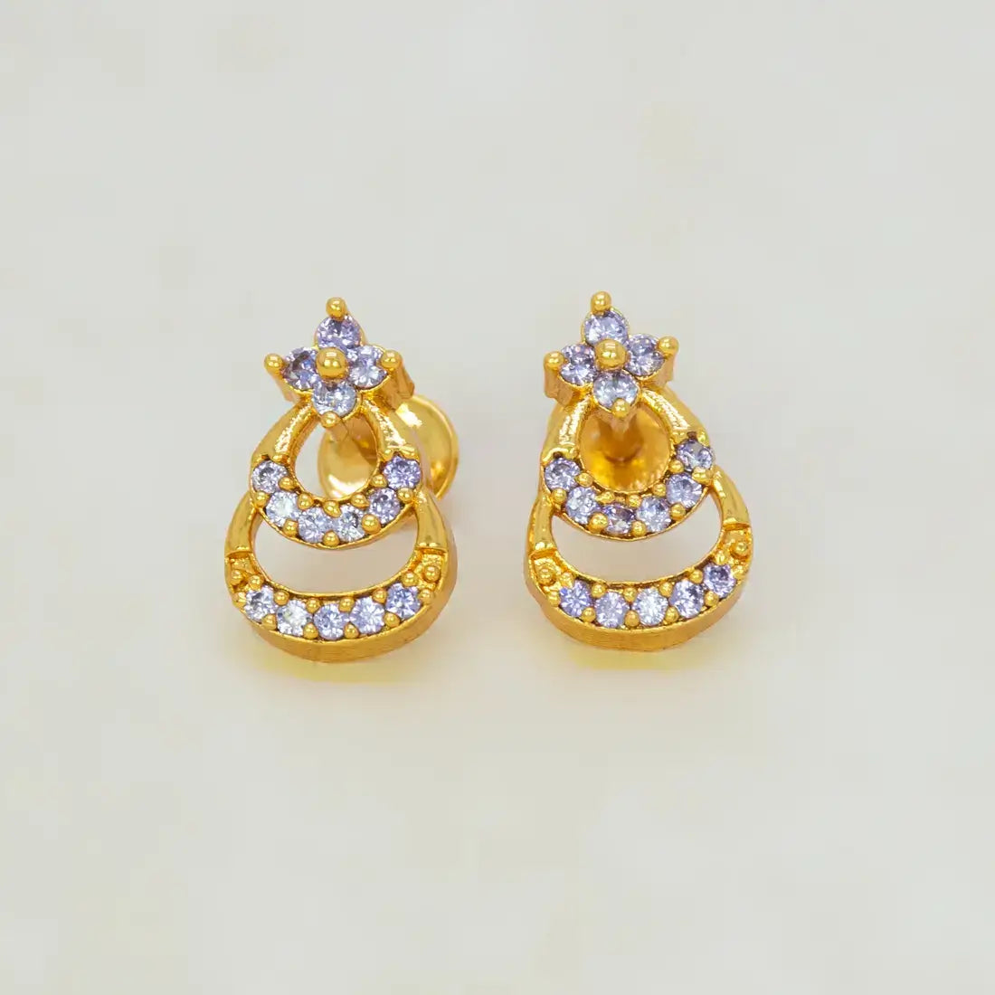 Gold Plated Floral Twin Crescent Stone Stud Earrings - Purple CZ