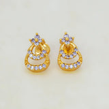 Gold Plated Floral Twin Crescent Stone Stud Earrings - Purple CZ