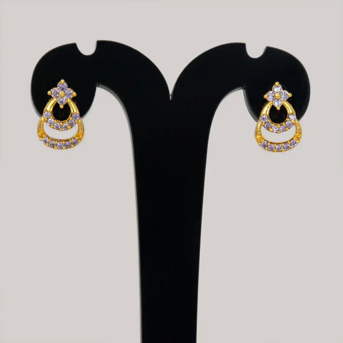Gold Plated Floral Twin Crescent Stone Stud Earrings - Purple CZ