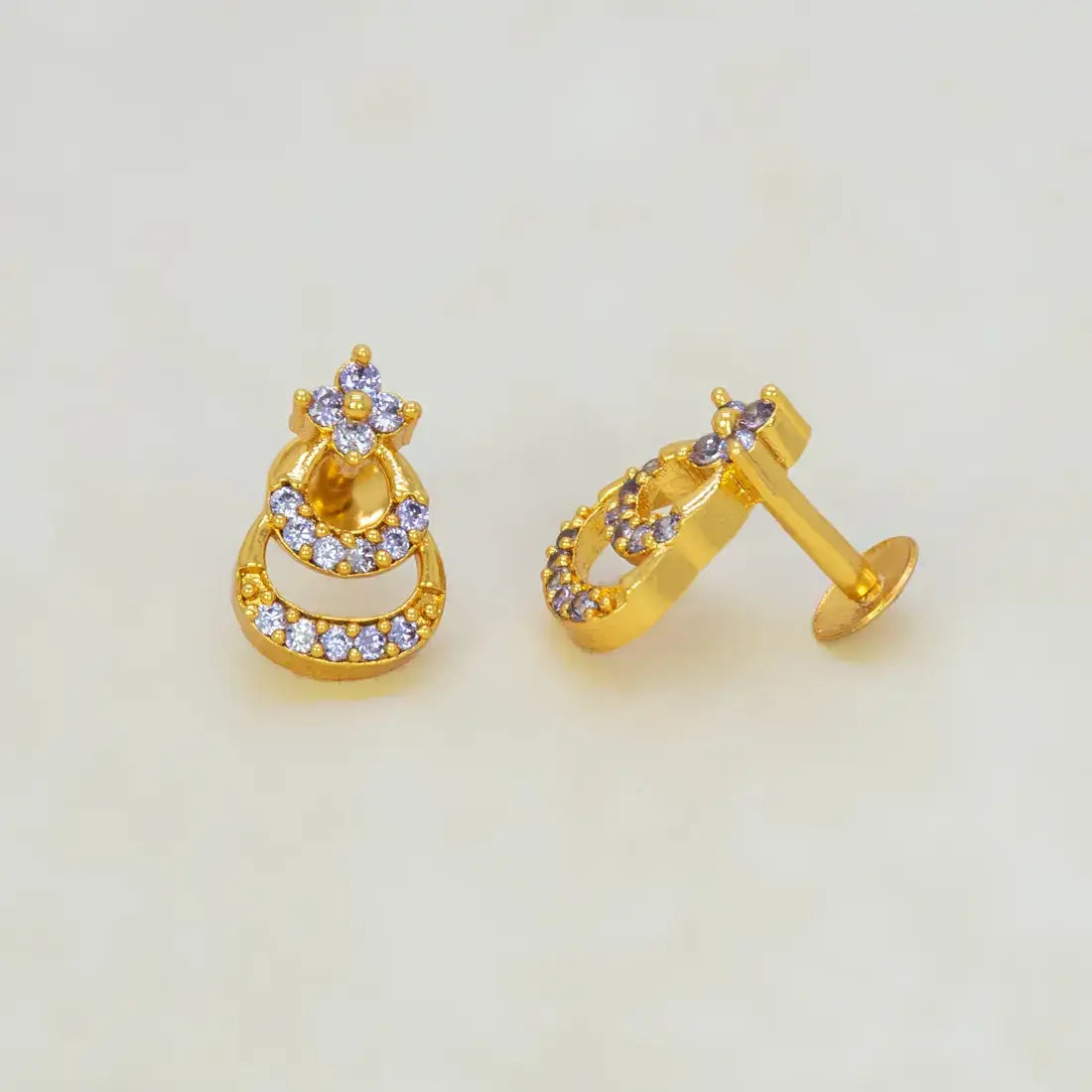 Gold Plated Floral Twin Crescent Stone Stud Earrings - Purple CZ