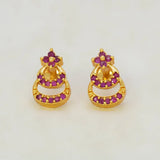 Gold Plated Floral Twin Crescent Stone Stud Earrings - Ruby