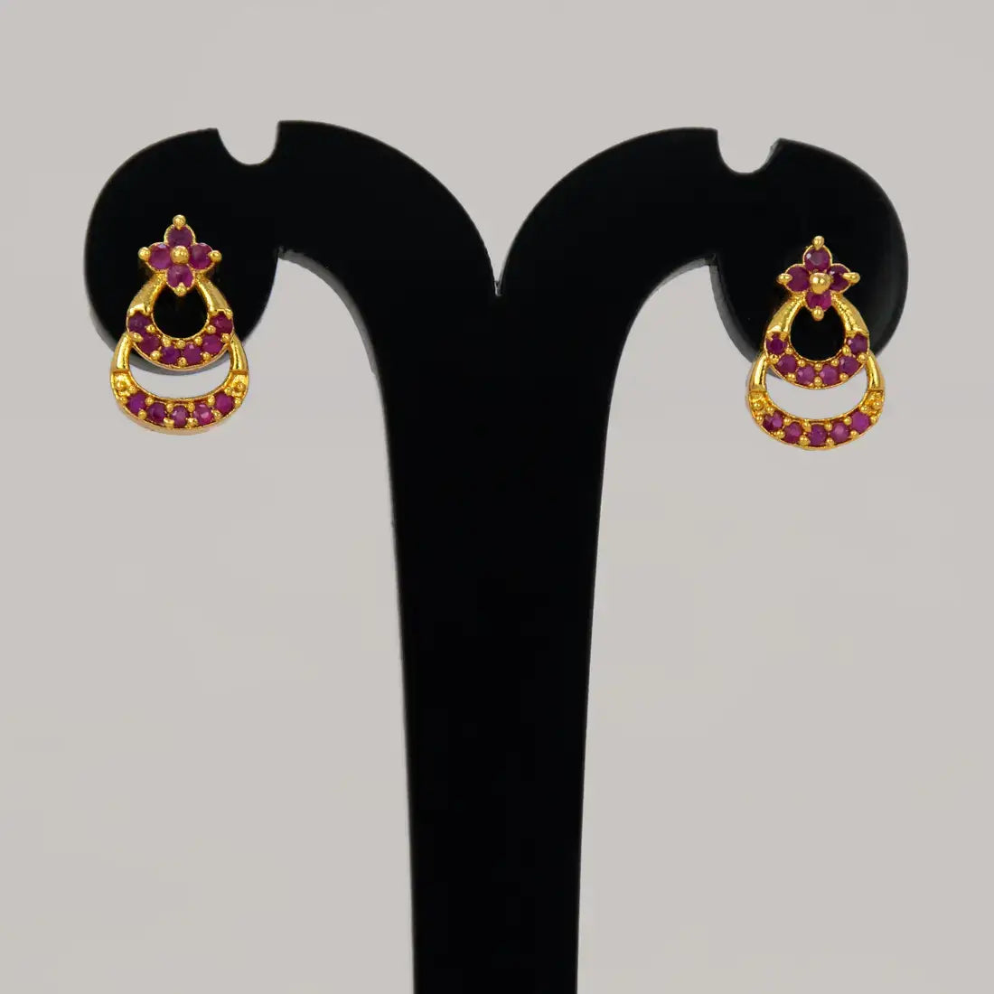 Gold Plated Floral Twin Crescent Stone Stud Earrings - Ruby