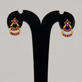 Gold Plated Floral Twin Crescent Stone Stud Earrings - Ruby