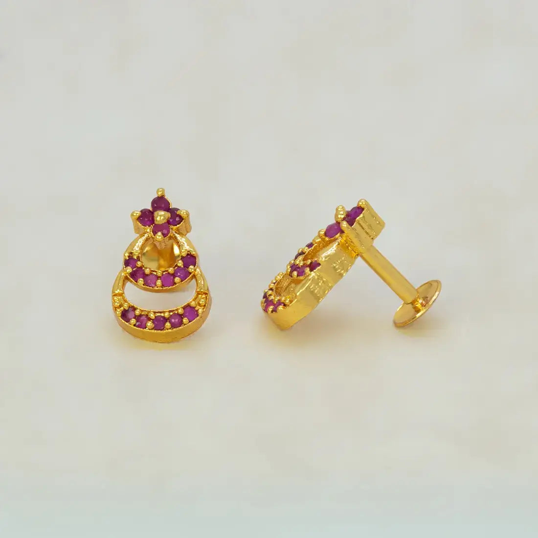 Gold Plated Floral Twin Crescent Stone Stud Earrings - Ruby