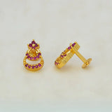 Gold Plated Floral Twin Crescent Stone Stud Earrings - Ruby