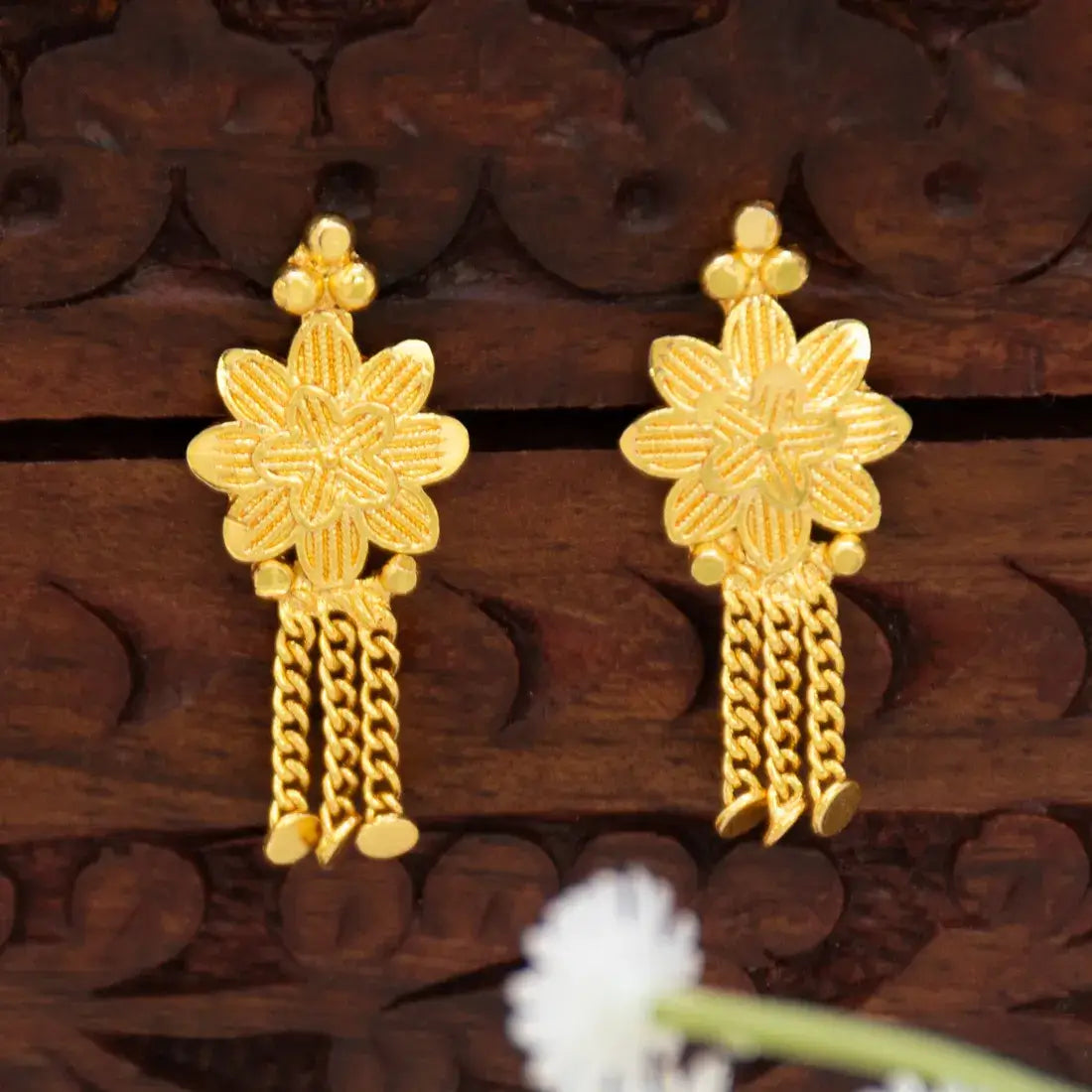 Gold Plated Floral Stud Chain Tassel Earrings with floral design and chain tassels