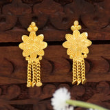 Gold Plated Floral Stud Chain Tassel Earrings with floral design and chain tassels
