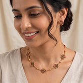 Floral Kemp Stone Antique Gold Choker Necklace Set - Ruby red and Green