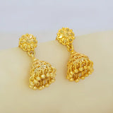 Gold-Plated Small Floral Jhumka Earrings showcasing a floral stud top with an open lattice jhumka design and gold ball drops.