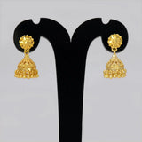 Gold-Plated Small Floral Jhumka Earrings displayed on a black stand, showcasing floral design and cascading fringe.