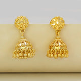 Gold-Plated Small Floral Jhumka Earrings showcasing intricate floral design and cascading gold ball drops.