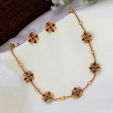 Floral Kemp Stone Antique Gold Choker Necklace Set - Ruby red and Green
