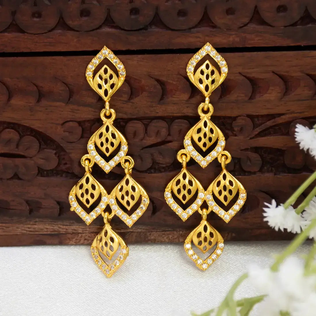Four-Step Dangling CZ Stone Gold Drop Earrings