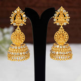 Gold Plated CZ Stone Lakshmi Temple Jhumka earrings with intricate design and sparkling CZ stones.