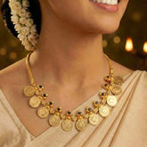 Ethnic Gold Plated Black CZ Head Kasu Necklace