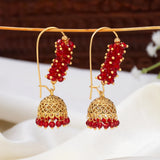 Antique Gold Plated Colourful Beaded Jhumka - Red