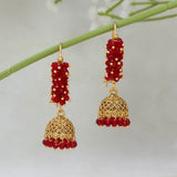 Antique Gold Plated Colourful Beaded Jhumka - Red