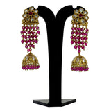 Gold-Plated-Floral-Kundan-Ruby-Red-Jhumka-Earrings