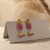 Gold-Plated-Floral-Kundan-Ruby-Red-Jhumka-Earrings