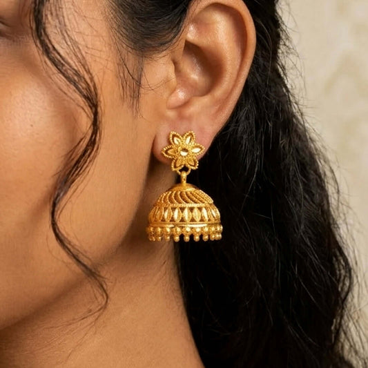 Traditional Gold Plated Filigree Jhumka Earrings showcasing intricate details and golden bead danglers.