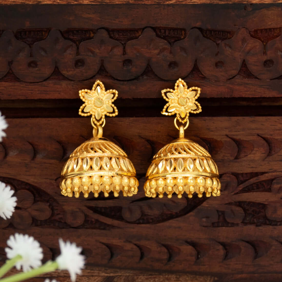 Traditional Gold Plated Filigree Jhumka Earrings featuring intricate flower stud and detailed umbrella design.