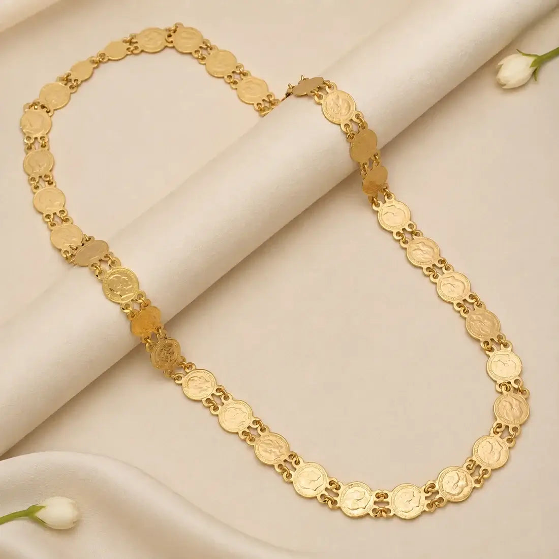 Ethnic Gold-Plated Head Kasu Long Necklace featuring round kasu coins and elegant gold plating on a soft background.