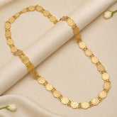 Ethnic Gold-Plated Head Kasu Long Necklace featuring round kasu coins and elegant gold plating on a soft background.