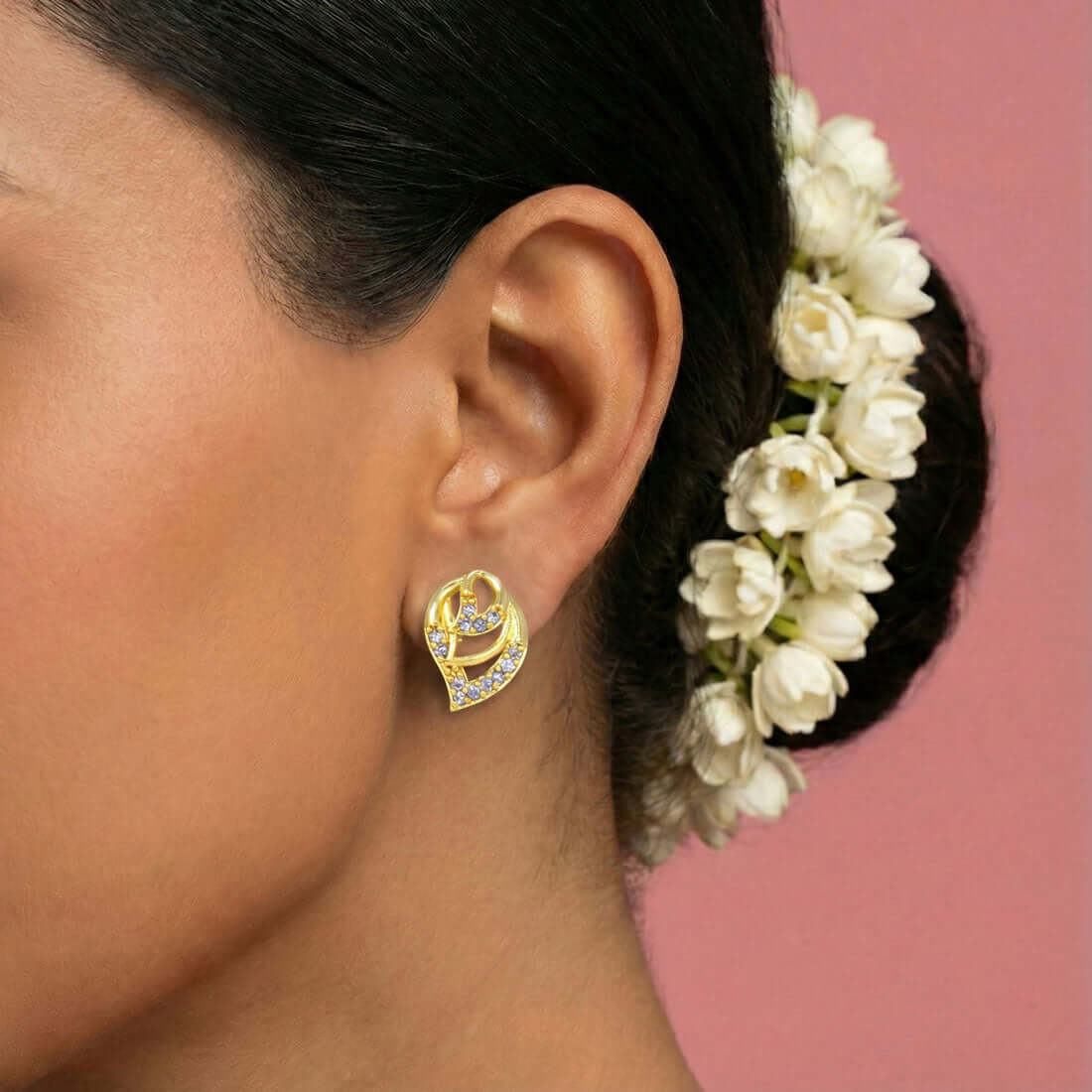 Gold-Plated-Leaf-Design-Stone-Stud-Earrings