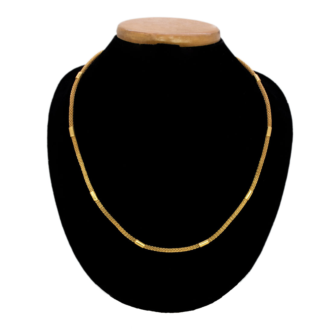 Elegant Gold Plated Mesh Pipe Chain displayed on a jewelry neck stand against a black background.