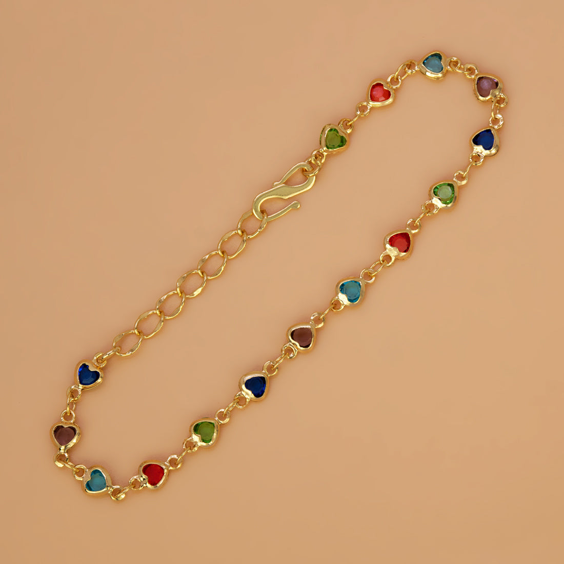 Gold-Plated Multi-Color Heart Stone Chain Bracelet