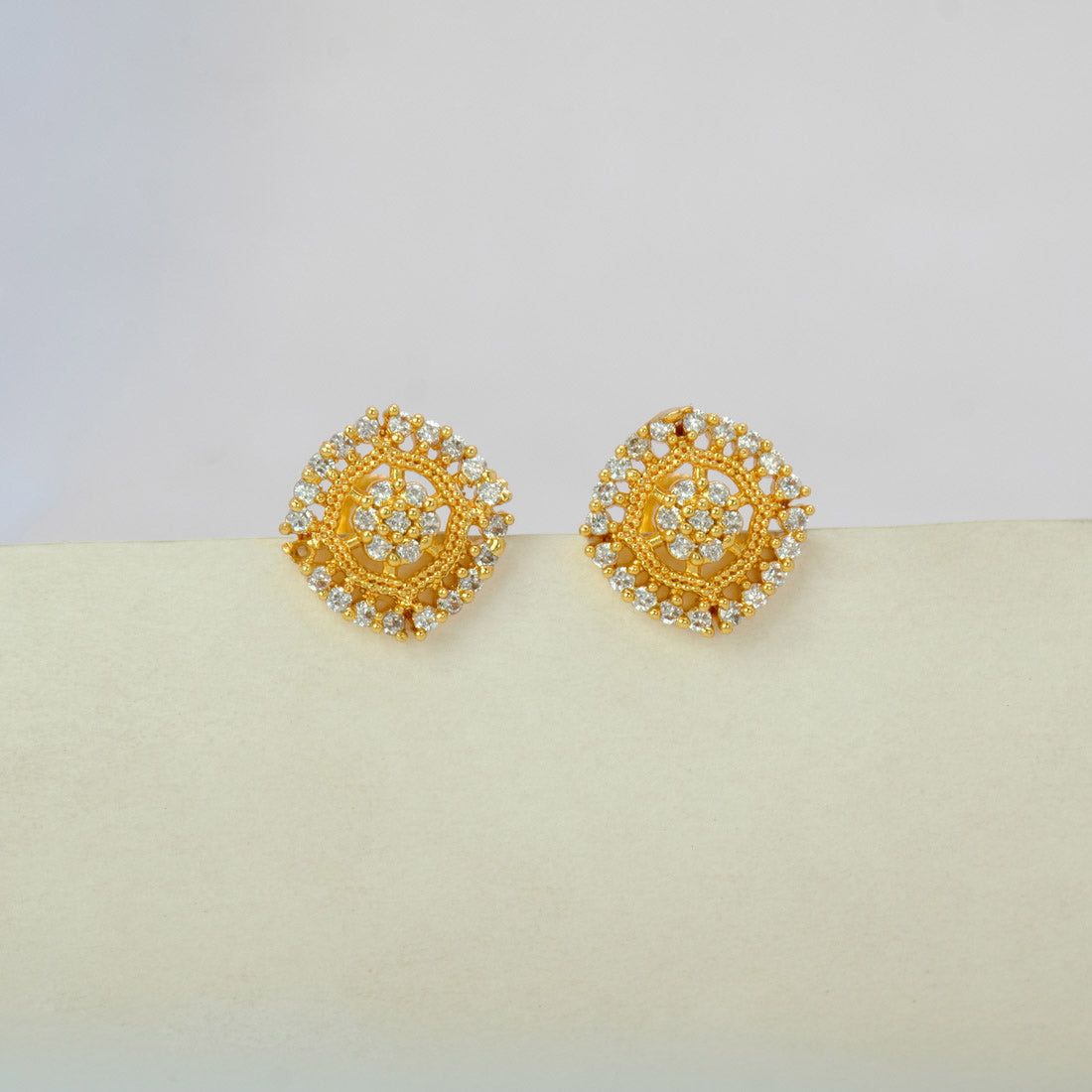 Gold-Plated-Round-Floral-CZ-Stud-Earrings