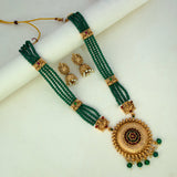 Ethnic Matte Gold Lakshmi Green Beads Long Chain Set