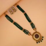Ethnic Matte Gold Lakshmi Green Beads Long Chain Set