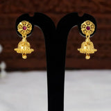 Small Gold Plated Ruby Stone Jhumka Earrings showcasing gold filigree and ruby stone accents.