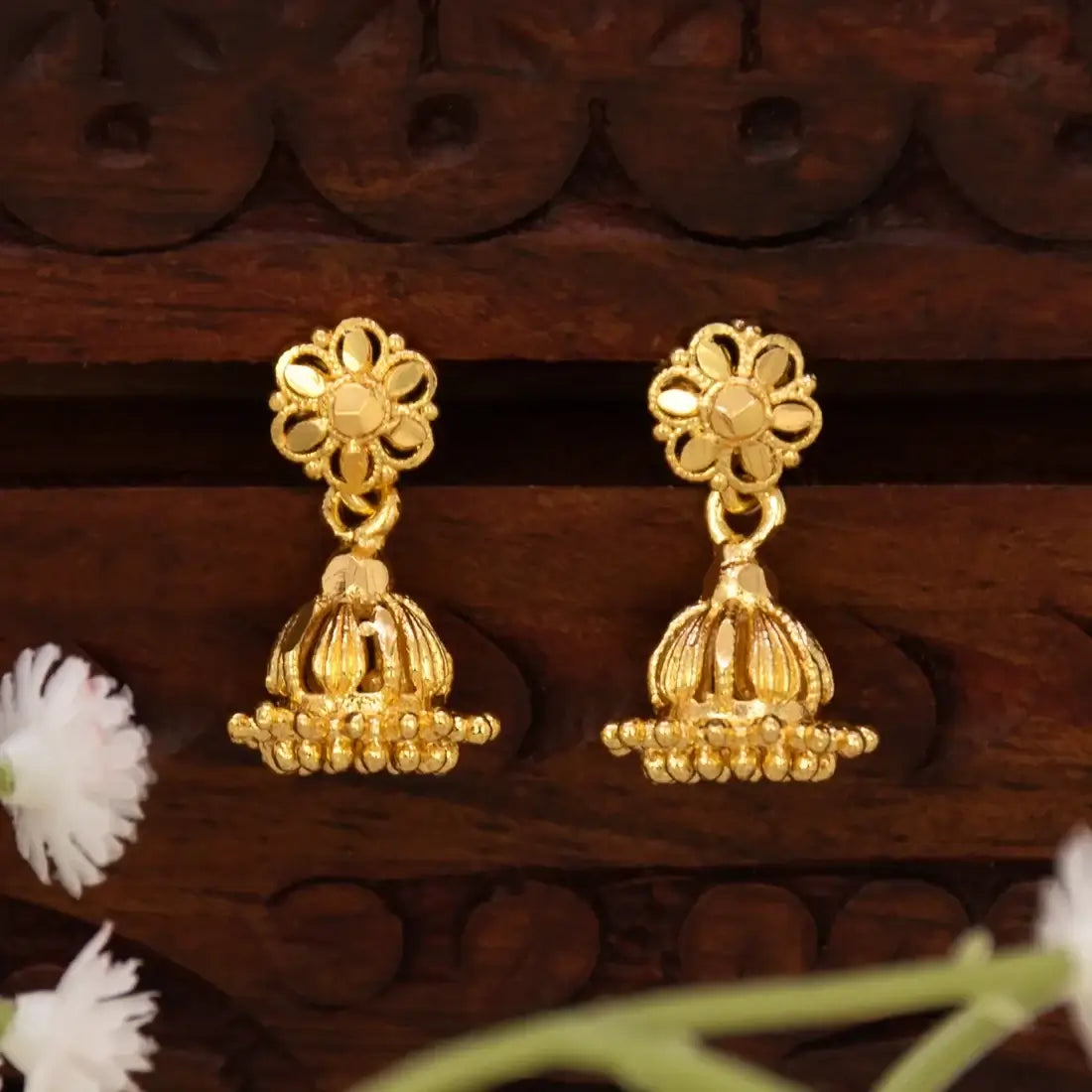 Gold Plated Simple Small Kids Jhumka Earrings with floral stud top and gold dome design.