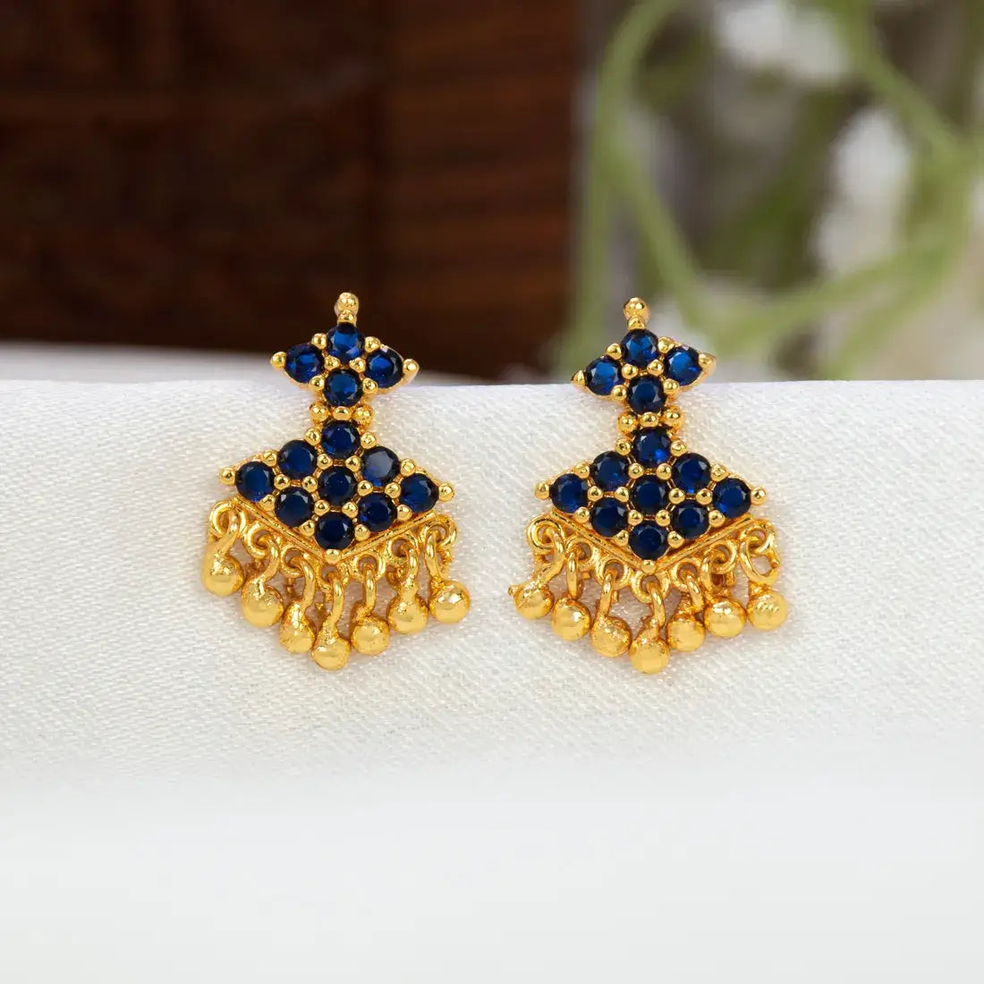 Classic Gold Plated Stone Adiga Ear Studs - Blue