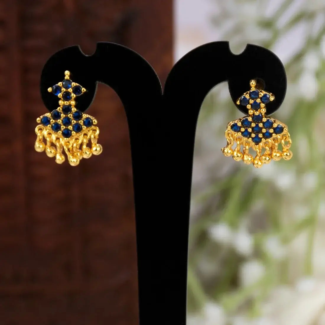 Classic Gold Plated Stone Adiga Ear Studs - Blue