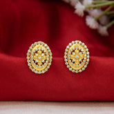 Gold-Plated Oval CZ Stone Stud Earrings featuring a floral design and sparkling white CZ stones on a red background.