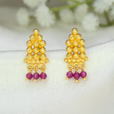 Gold Plated Crystal Hanging Beaded Studs featuring gold beads and ruby-red crystal dangles.