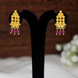 Gold Plated Crystal Hanging Beaded Studs featuring gold and ruby-red beads, elegantly designed for stylish jewelry collections.